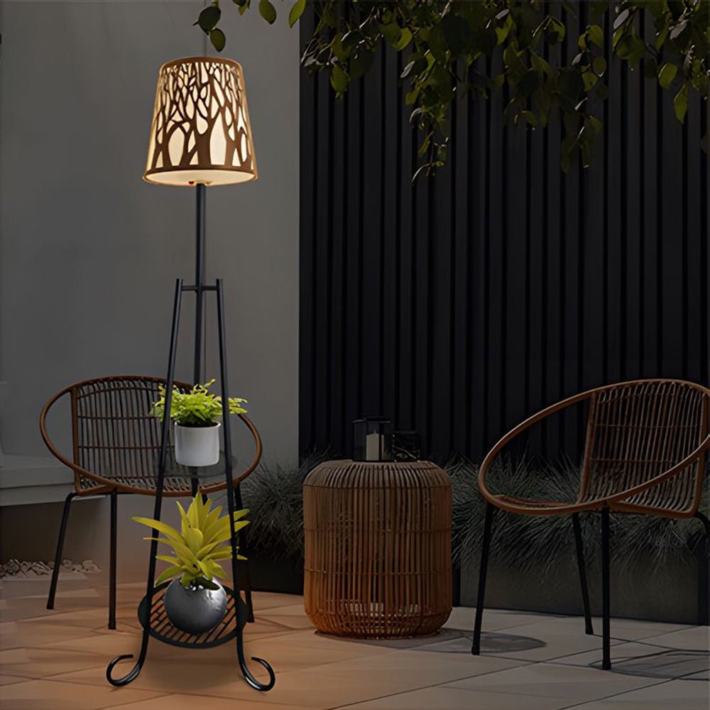 Solar Outdoor Floor Lamp with Shelves - Modern Black Metal