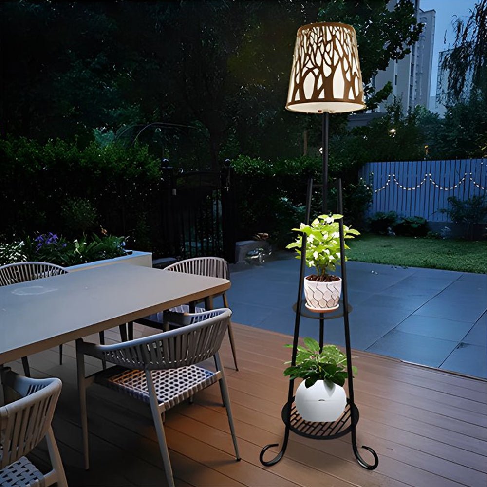 Solar Outdoor Floor Lamp with Shelves - Modern Black Metal