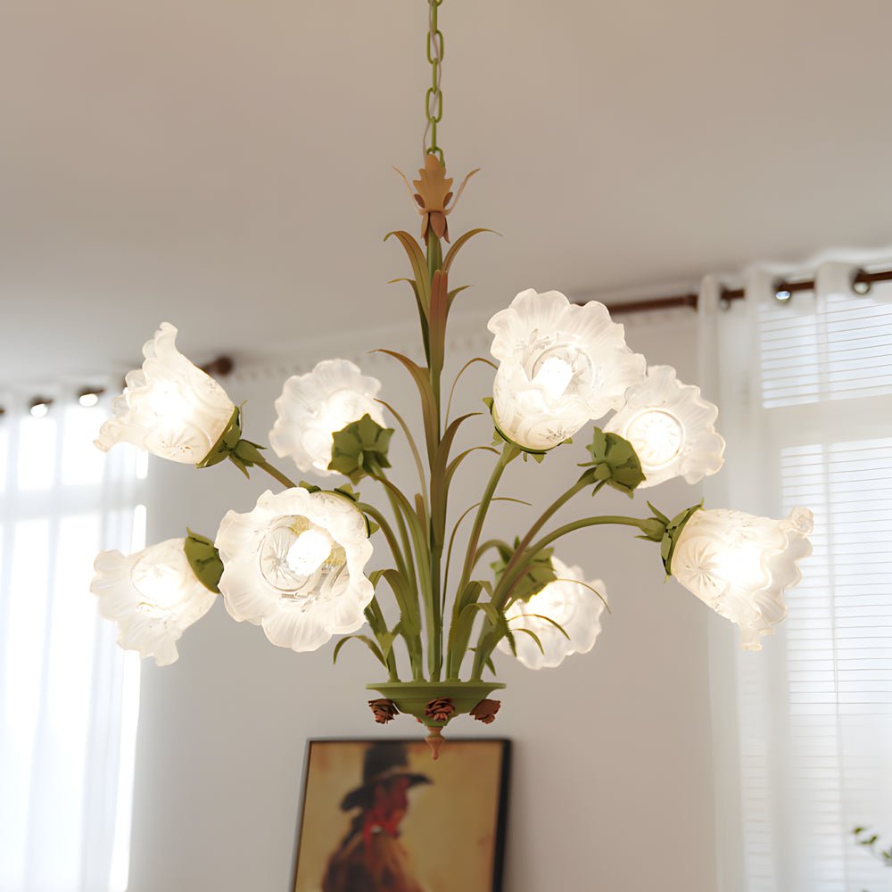 Pastoral Green Flower Chandelier - Glass & Iron - 3/6/8 Light