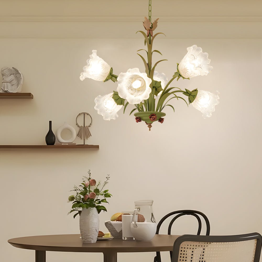 Pastoral Green Flower Chandelier - Glass & Iron - 3/6/8 Light