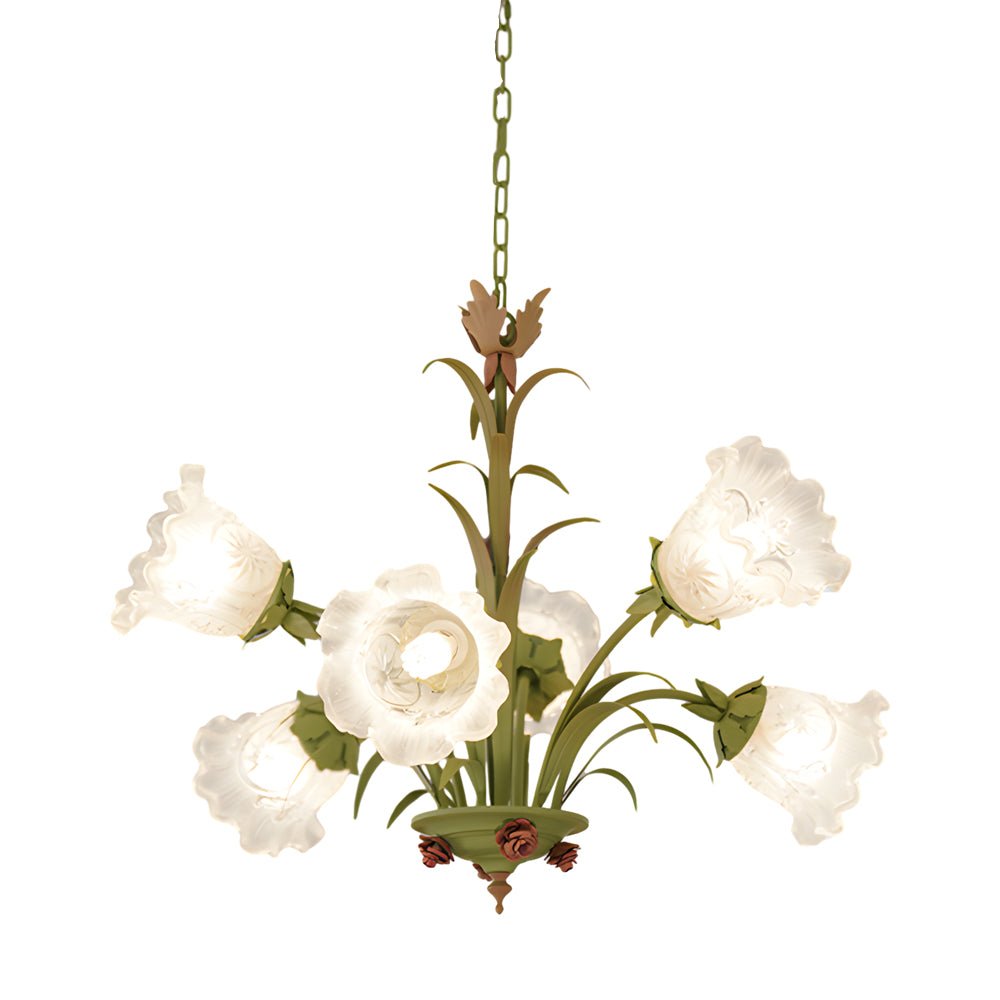 Pastoral Green Flower Chandelier - Glass & Iron - 3/6/8 Light
