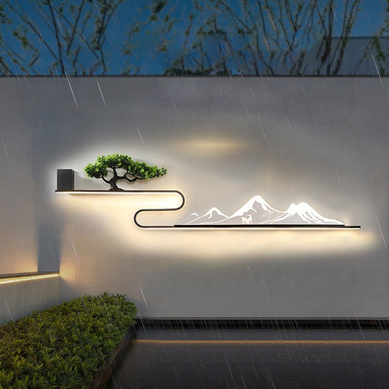 Mountain Scenery Solar LED Outdoor Wall Light with Pine Tree Design