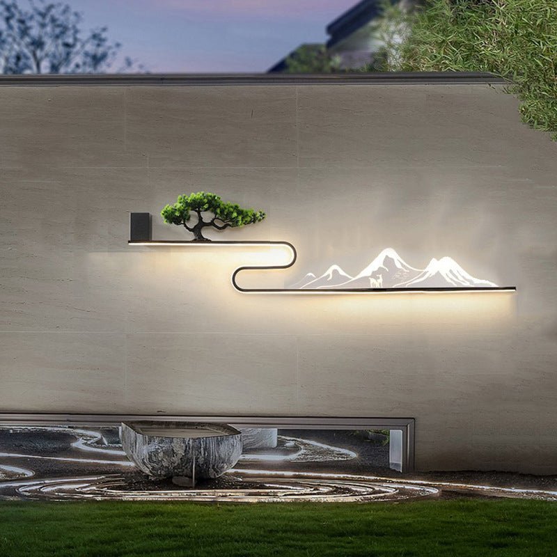 Mountain Scenery Solar LED Outdoor Wall Light with Pine Tree Design