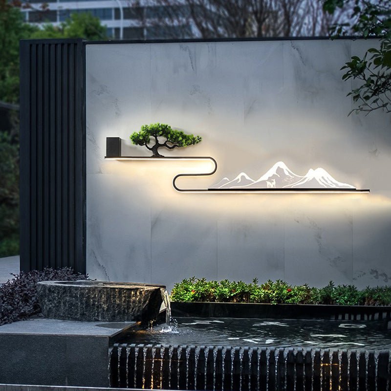 Mountain Scenery Solar LED Outdoor Wall Light with Pine Tree Design