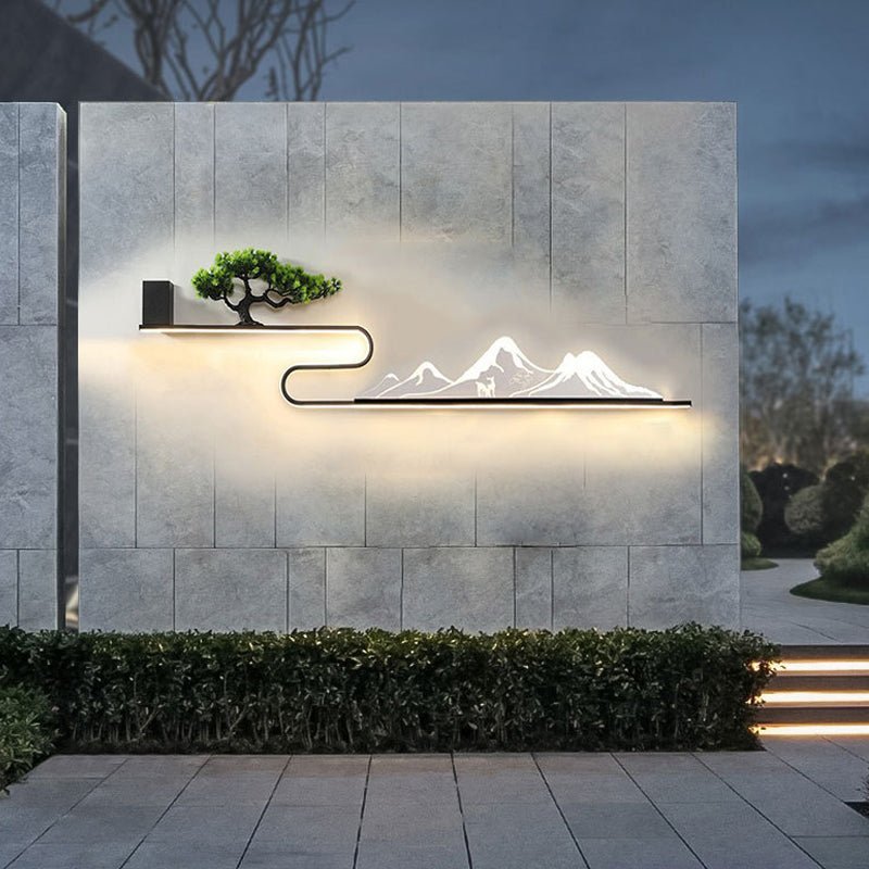 Mountain Scenery Solar LED Outdoor Wall Light with Pine Tree Design