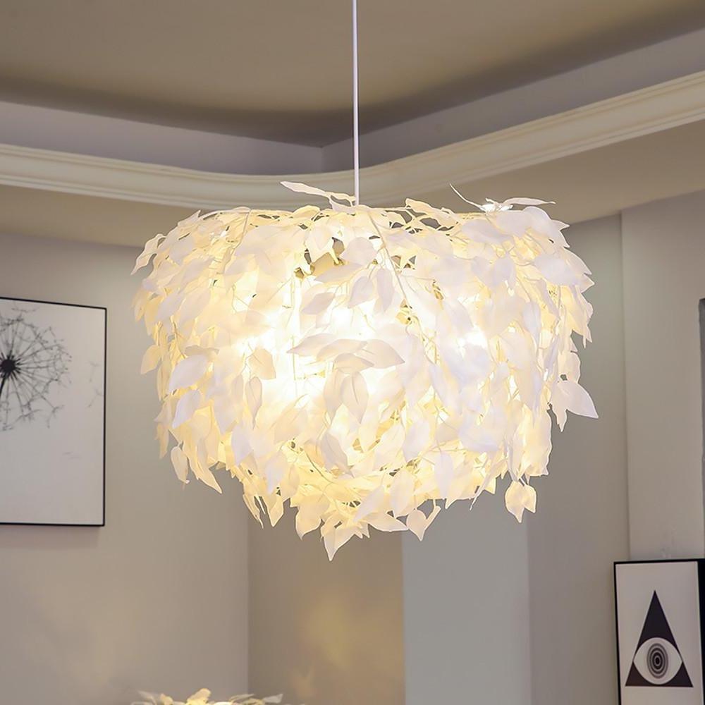 Fabric Feather Pendant Light – White & Gold, Dimmable, 24"