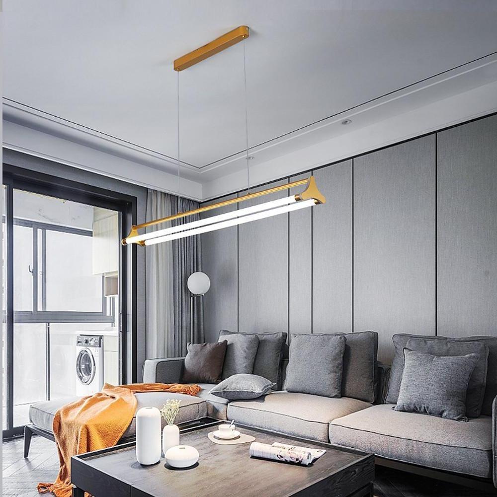 Modern Double Bar LED Pendant Light Gold Metal Acrylic Dimmable