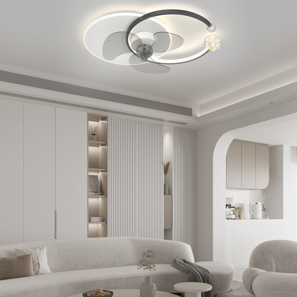 Modern Crystal Ring Flush Mount Ceiling Fan with 3-Step Dimming