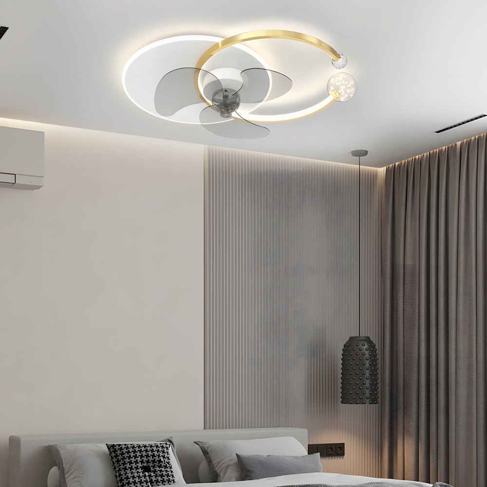 Modern Crystal Ring Flush Mount Ceiling Fan with 3-Step Dimming