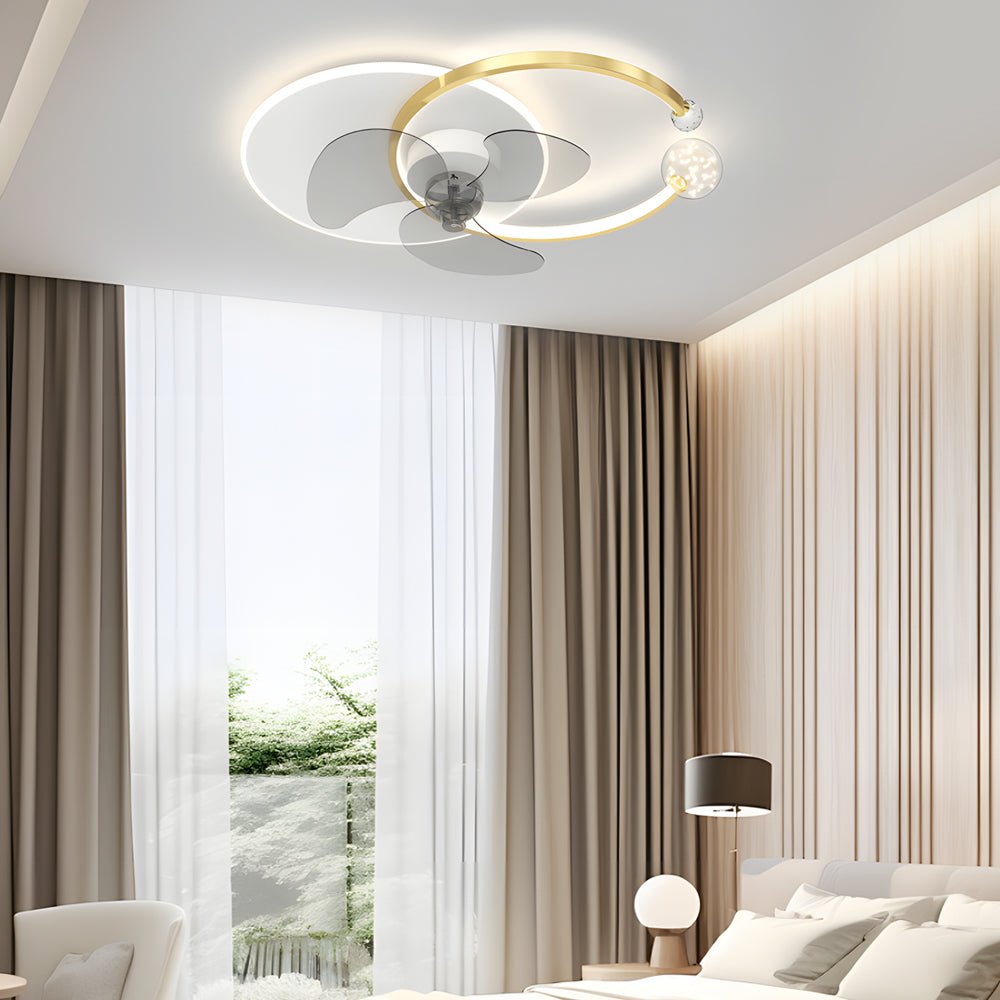 Modern Crystal Ring Flush Mount Ceiling Fan with 3-Step Dimming