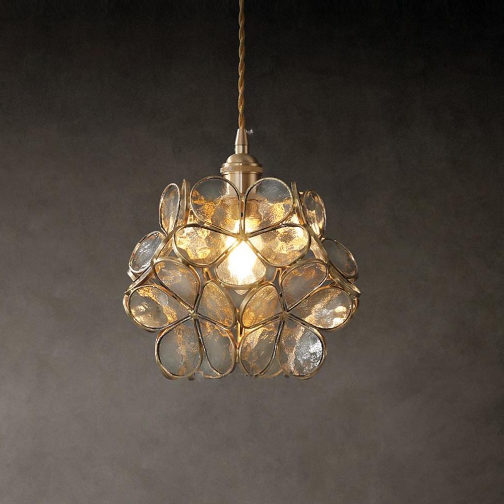 Floral Glass Pendant Light Modern Copper Finish Hanging Lamp