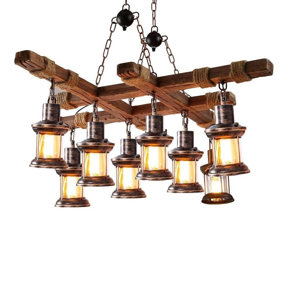 Vintage Wood & Glass 8-Light Farmhouse Pendant Chandelier