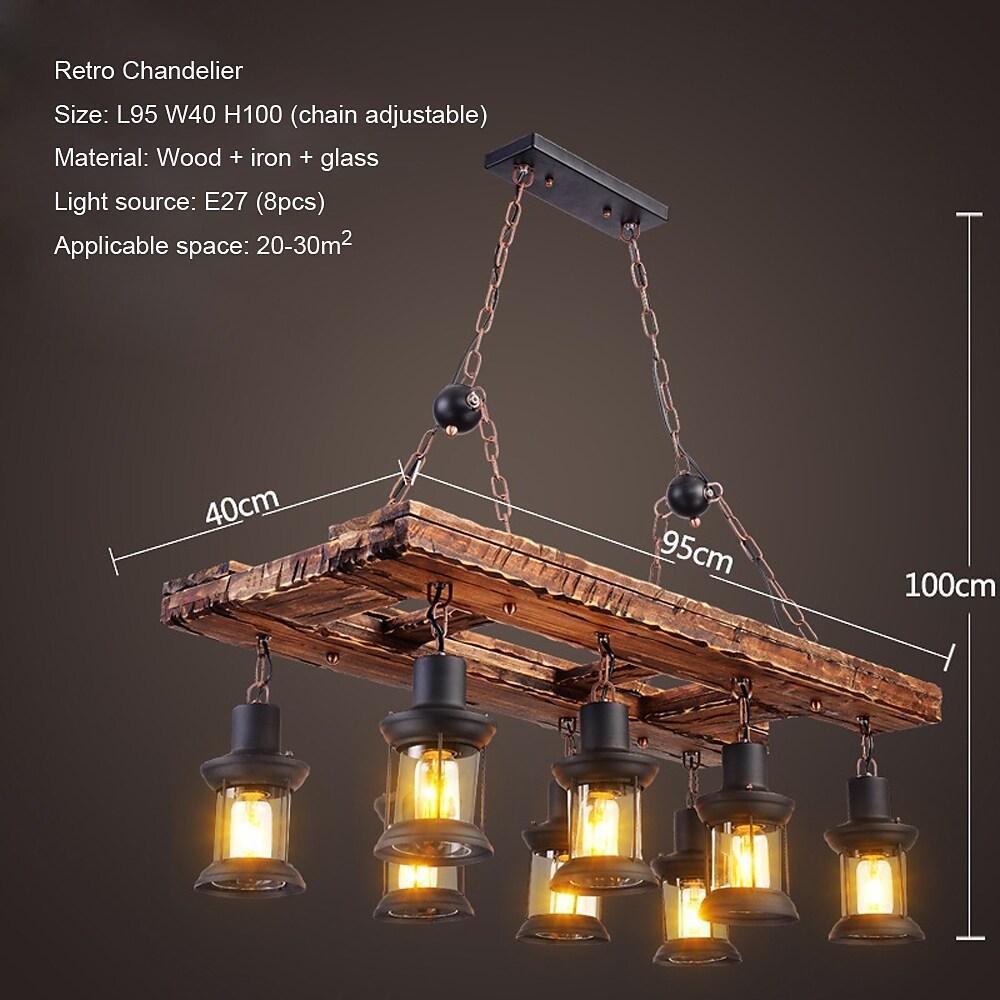 8-Light Vintage Wooden Chandelier with Glass Shades