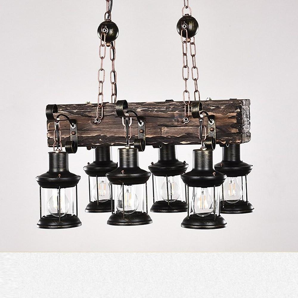 6-Light Farmhouse Wooden Chandelier with Glass Lantern Shades