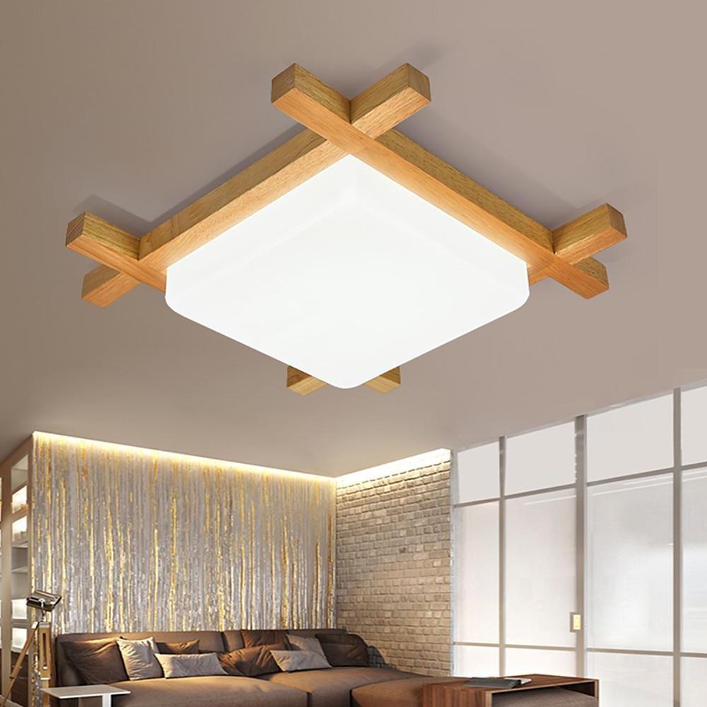 Square Rustic Wood Flush Mount LED Ceiling Light Dimmable