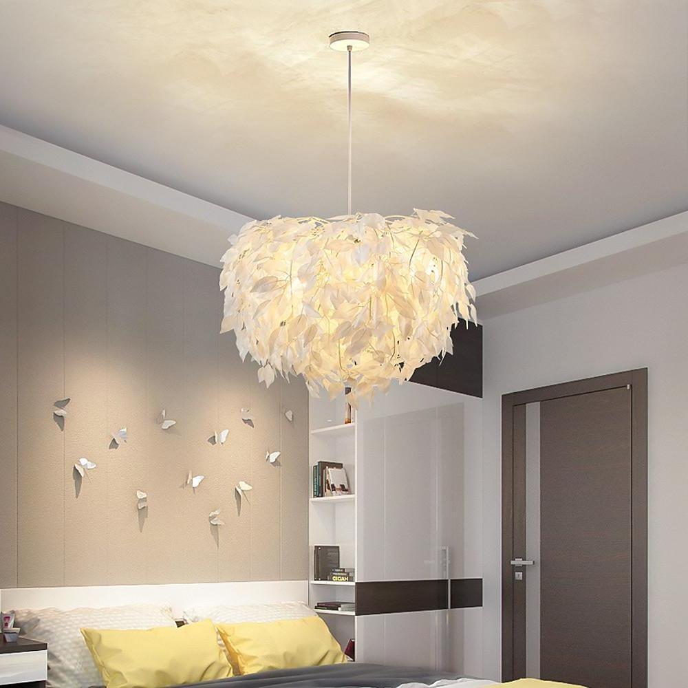 Fabric Feather Pendant Light – White & Gold, Dimmable, 24"