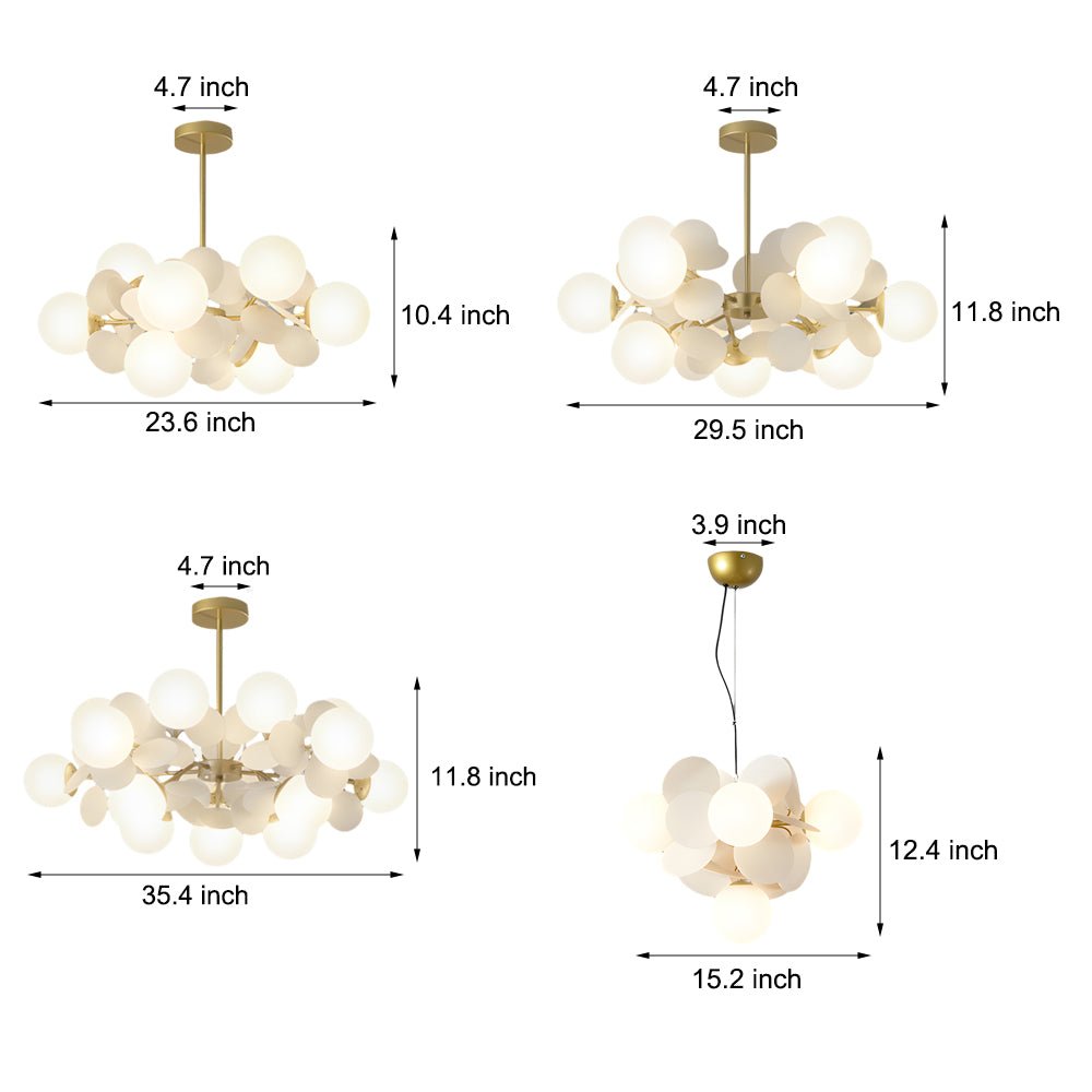 Modern Floral Branch Chandelier with Glass Shades & Metal Frame