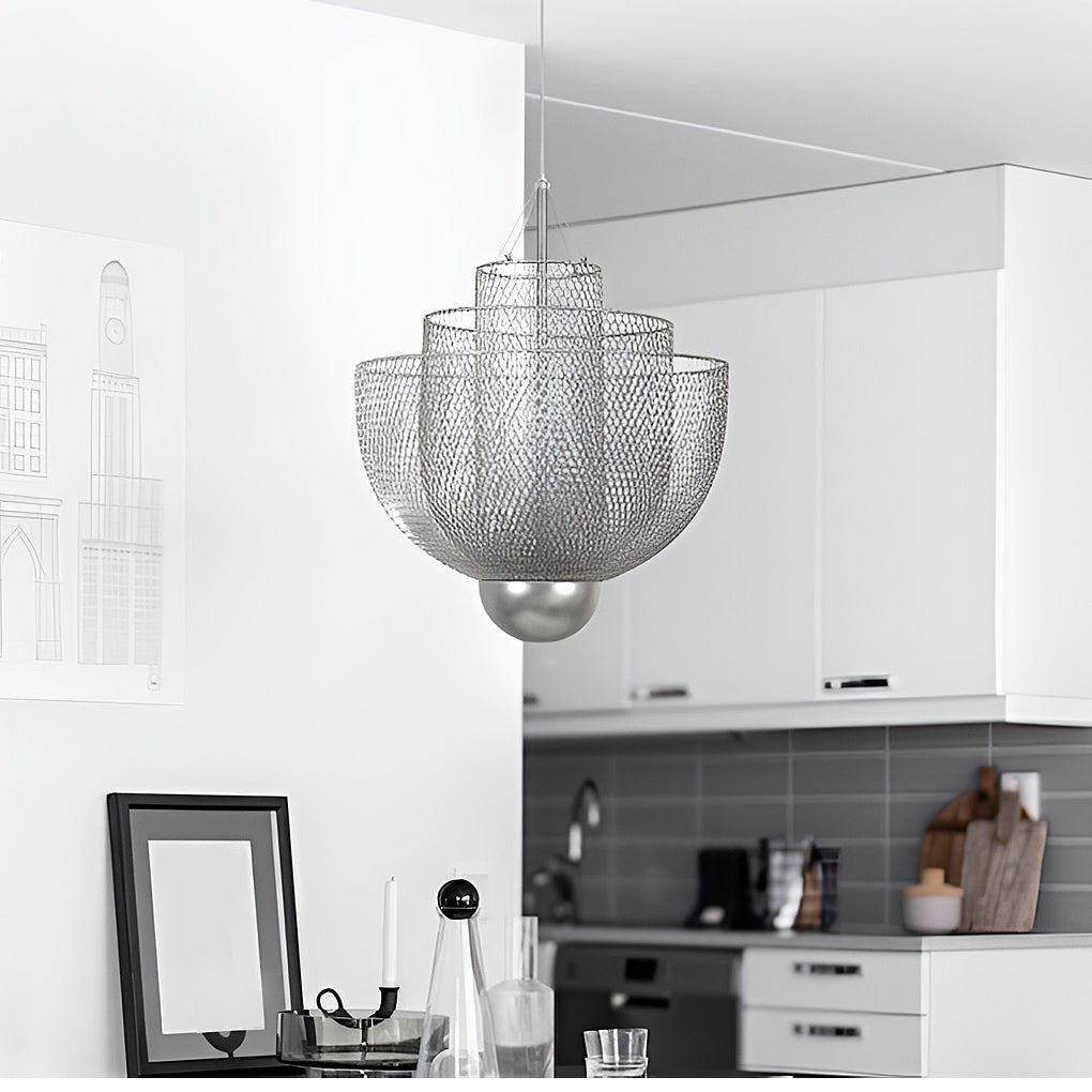 Modern Grid Metal Pendant Light Silver Industrial Chandelier