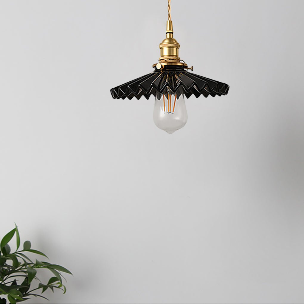 Nordic Pleated Ceramic Pendant Light with Brass Accent for Dining