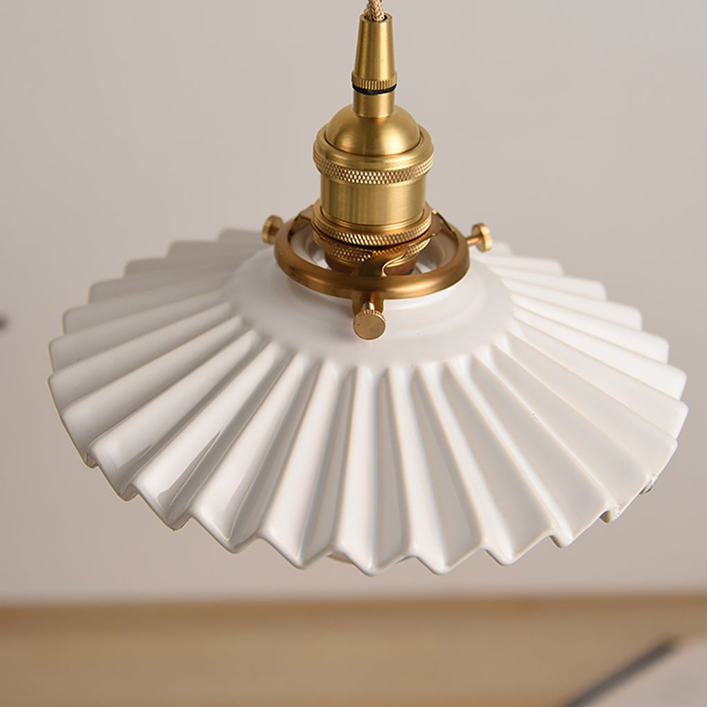Nordic Pleated Ceramic Pendant Light with Brass Accent for Dining