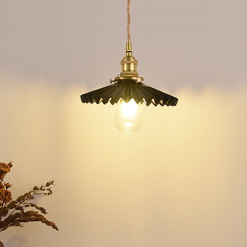 Nordic Pleated Ceramic Pendant Light with Brass Accent for Dining
