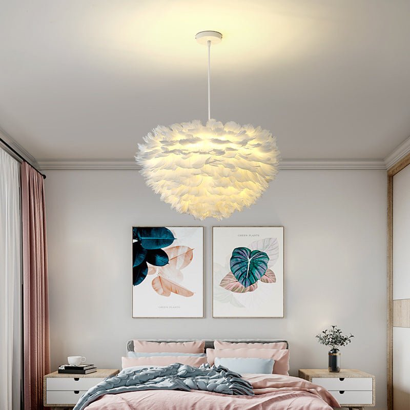 Modern Feather Pendant Light - Pink & White Metal Chandelier
