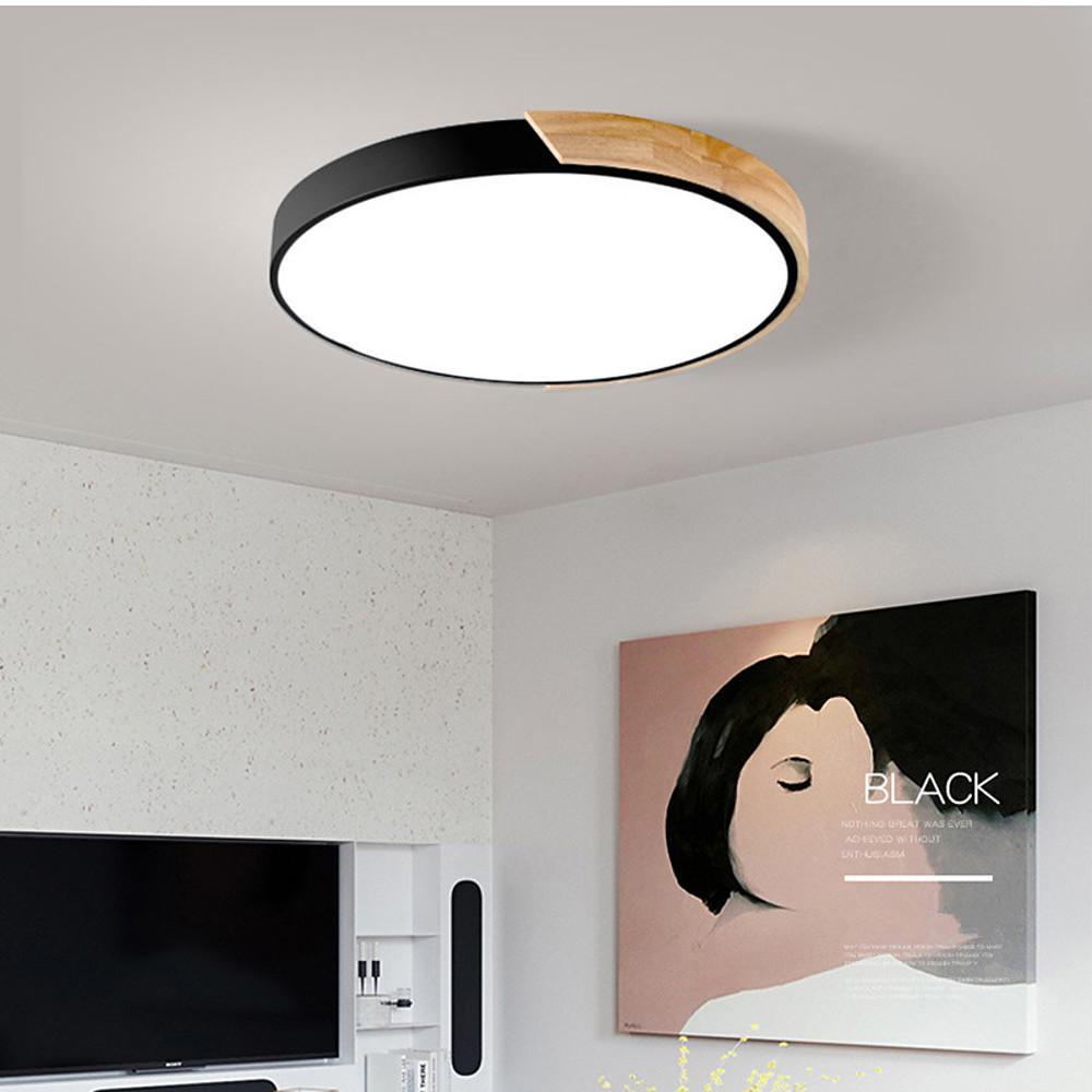 Modern Circular LED Flush Mount Ceiling Light - Metal & Wood