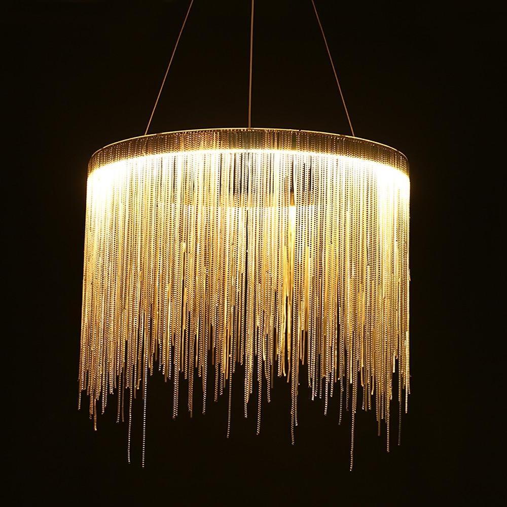 Modern Drum Chandelier with Metal Fringe Shade - LED Pendant Light