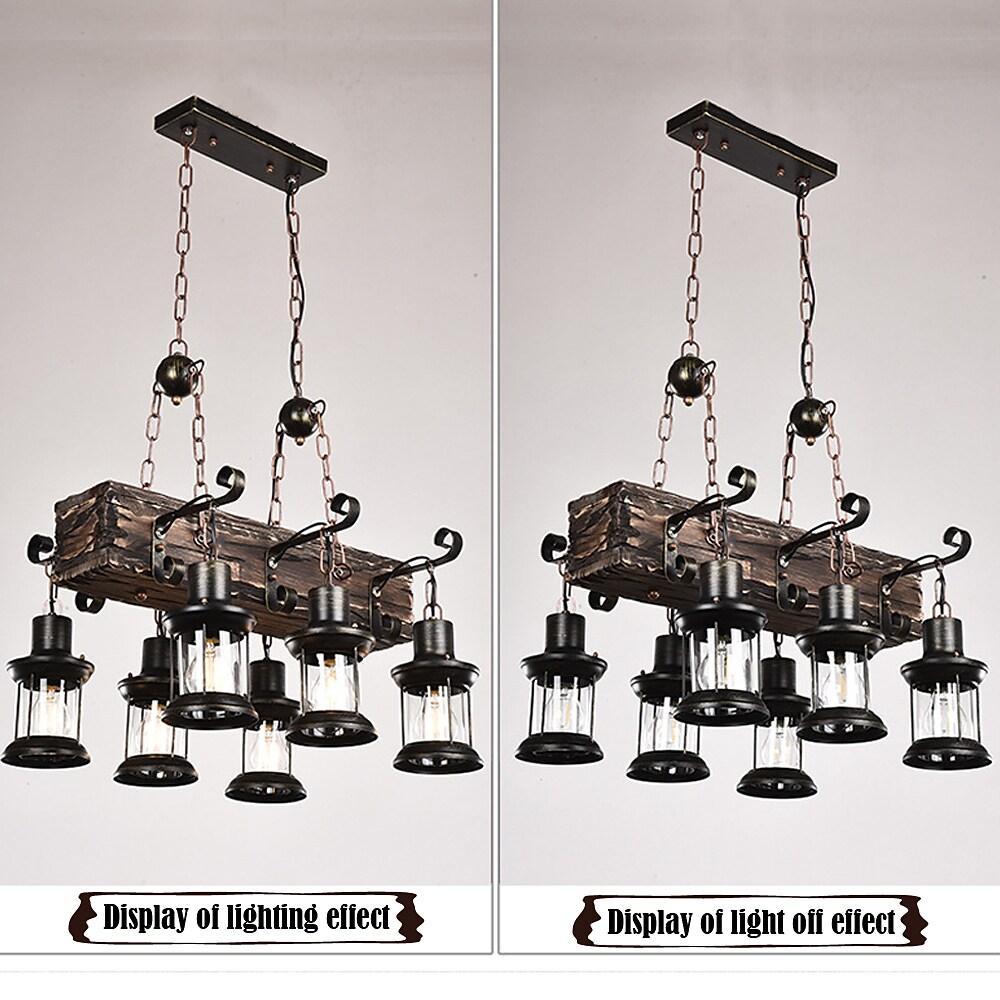 6-Light Farmhouse Wooden Chandelier with Glass Lantern Shades