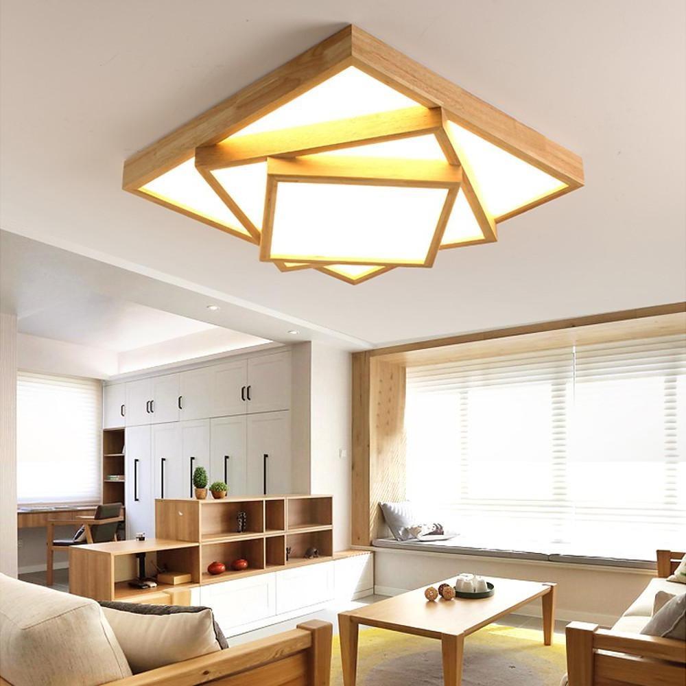 Nordic Wood Geometric Flush Mount Ceiling Light with Dimmable LED