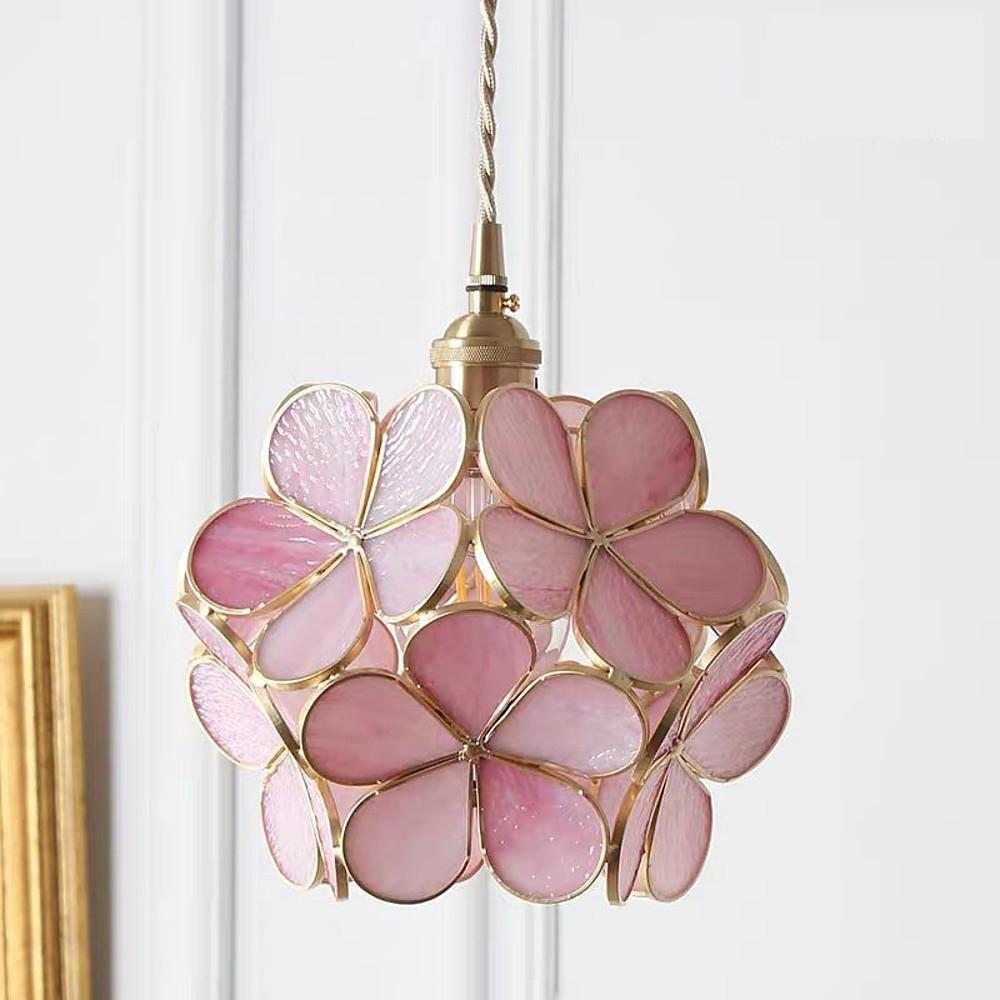 Copper Glass Pendant Light Traditional Floral Shade Single Bulb