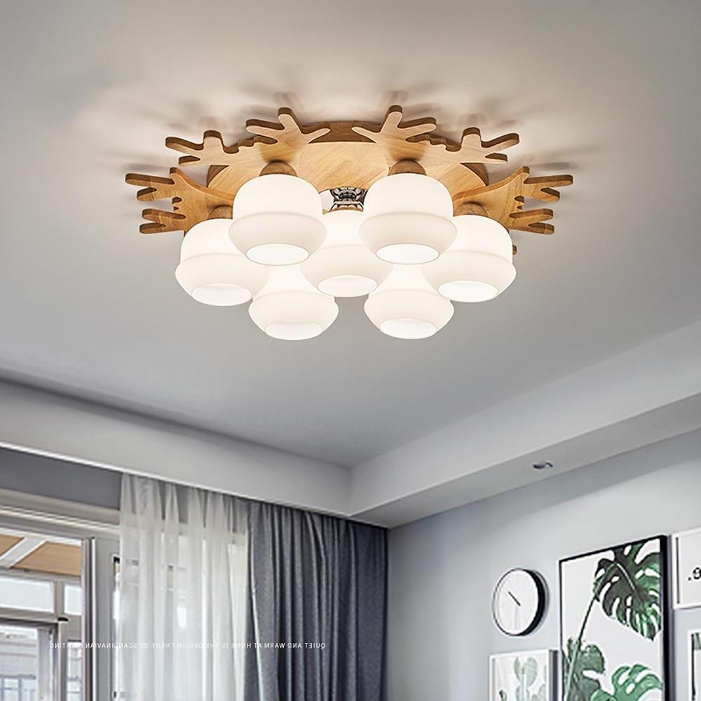 Modern Wood Glass Globe Flush Mount Ceiling Light | Ambient LED