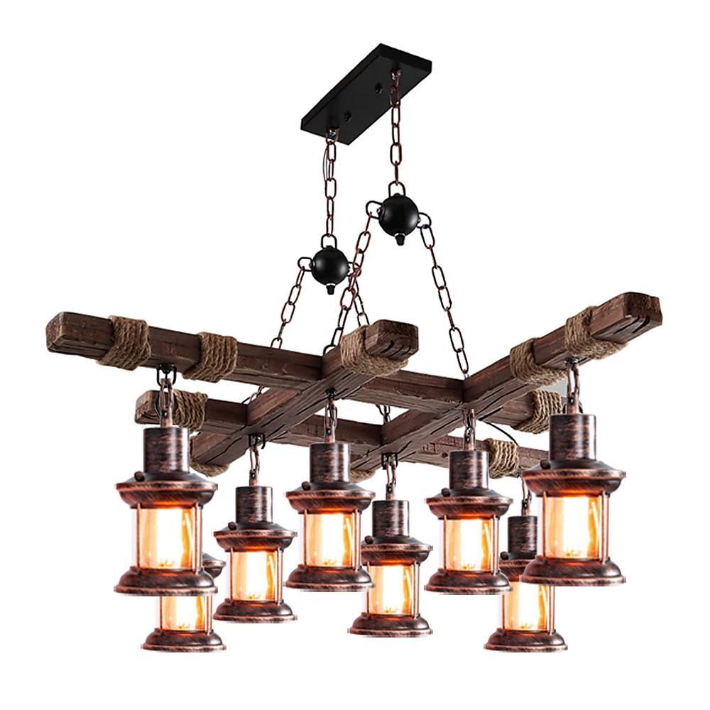 Vintage Wood & Glass 8-Light Farmhouse Pendant Chandelier