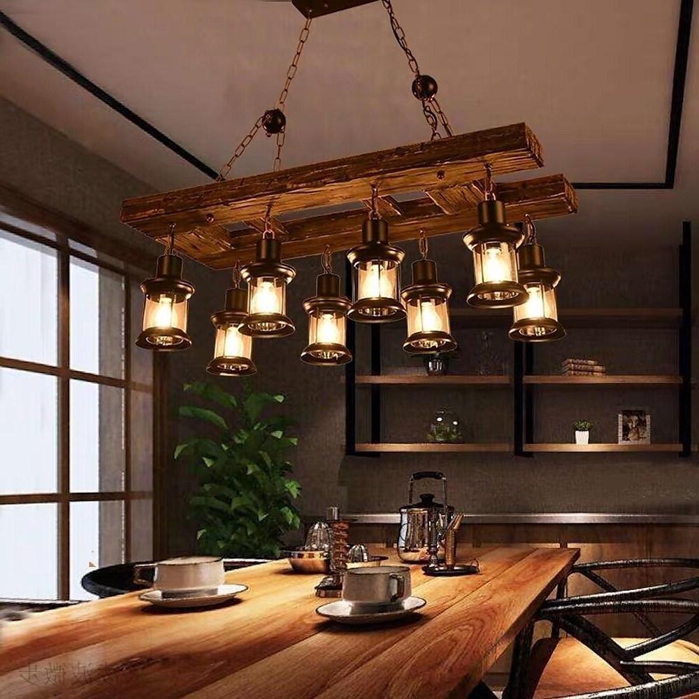 8-Light Vintage Wooden Chandelier with Glass Shades