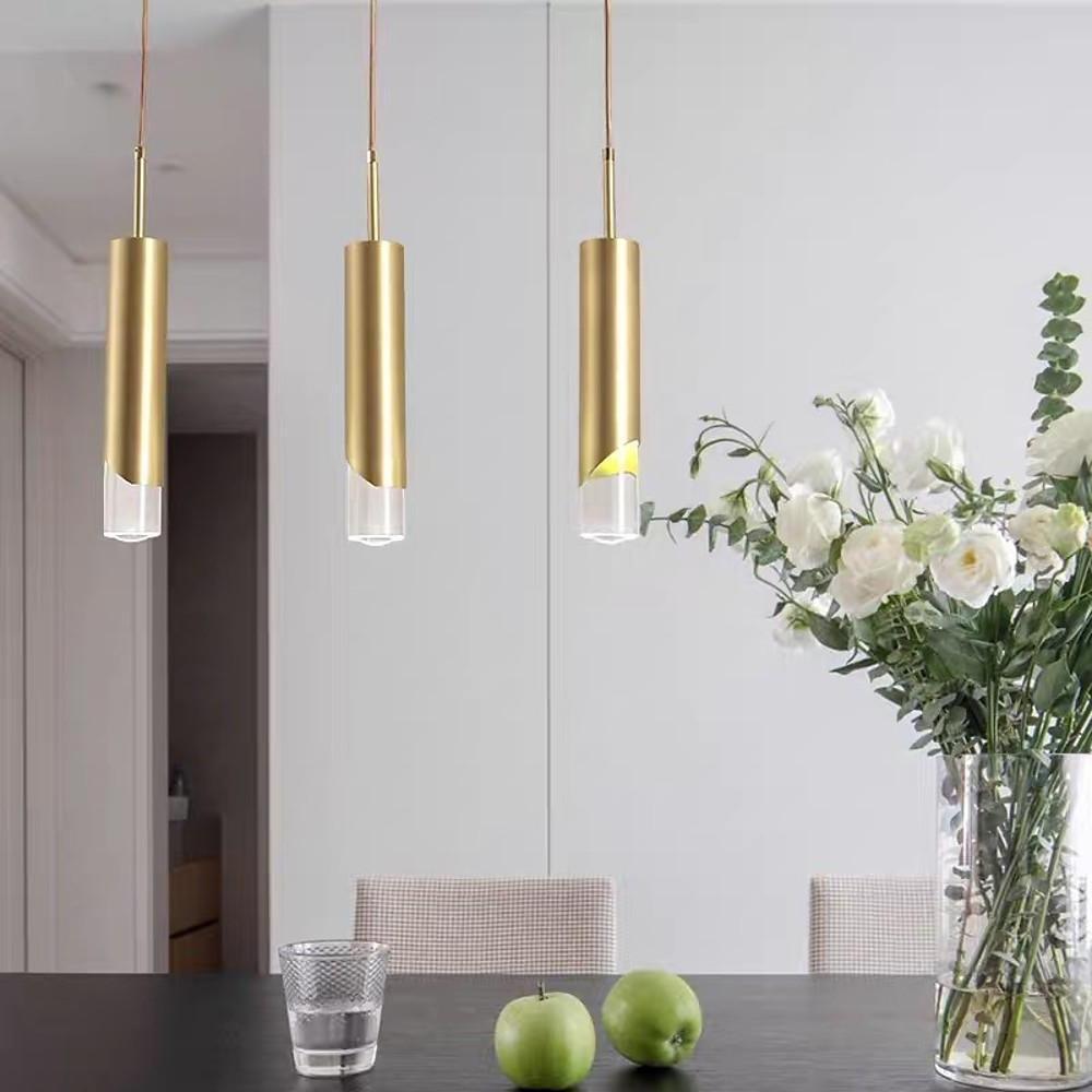 Slender Cylinder Crystal Pendant Light Modern Gold Finish