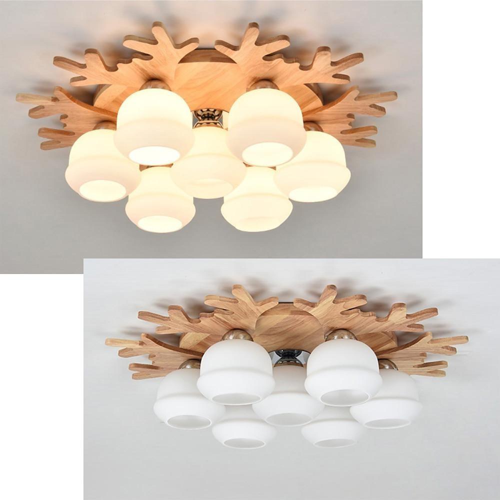 Modern Wood Glass Globe Flush Mount Ceiling Light | Ambient LED