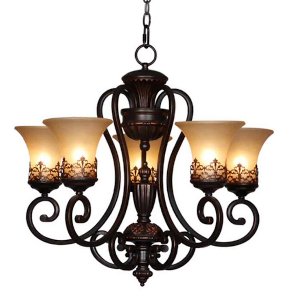5-Light Vintage Chandelier with Glass Shades and Bronze Finish