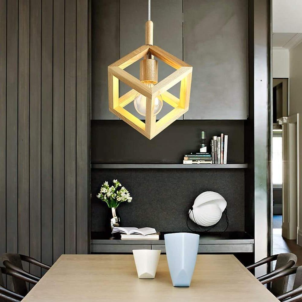 Square Wood Pendant Light with Adjustable Cord for Modern Spaces