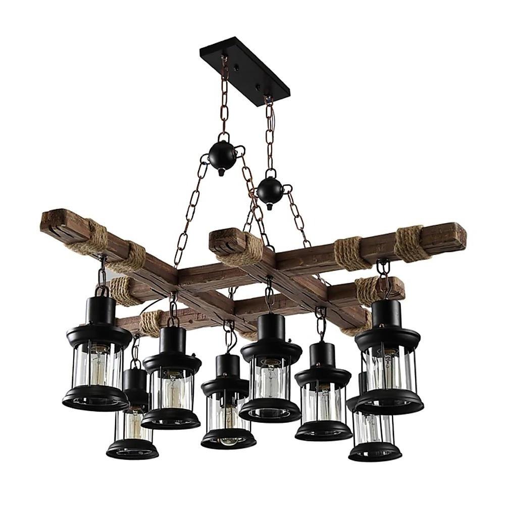 Vintage Wood & Glass 8-Light Farmhouse Pendant Chandelier