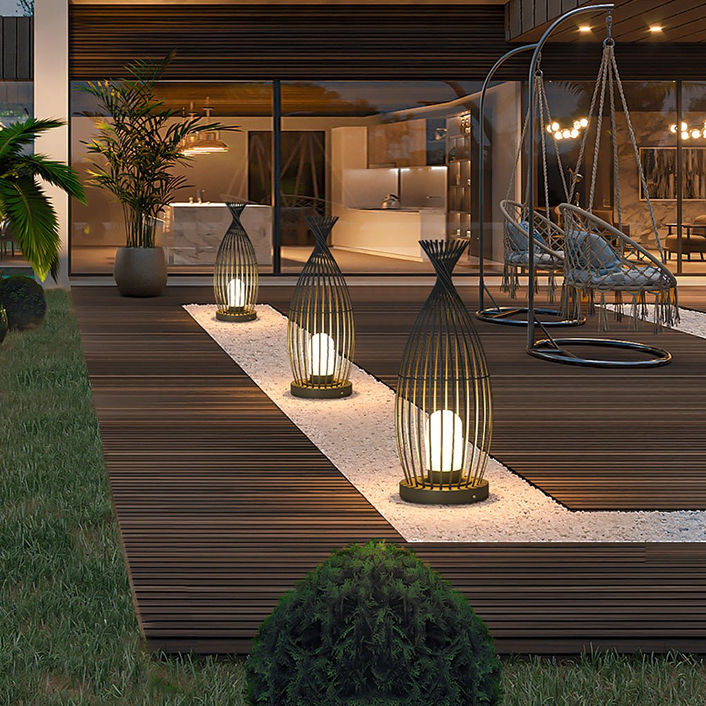 Industrial Caged Outdoor LED Floor Lamp - Waterproof Black Metal