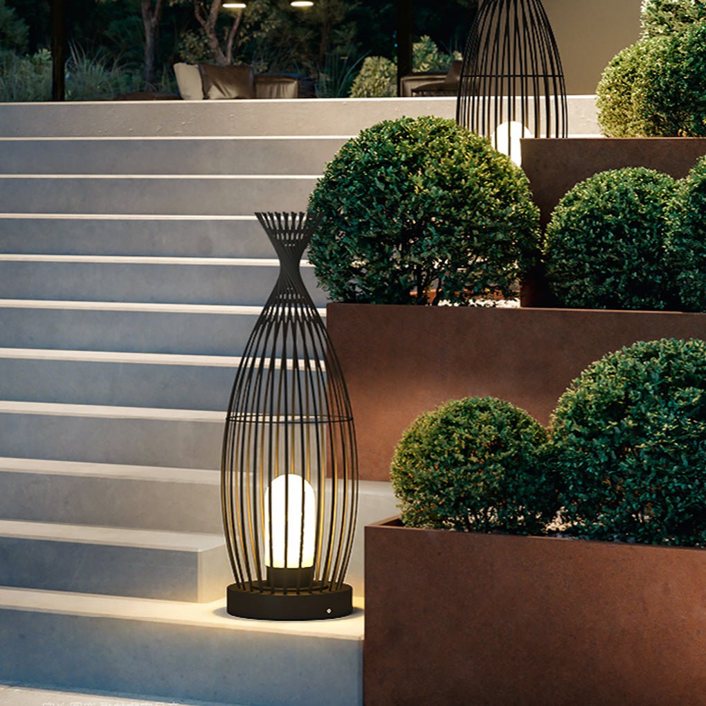 Industrial Caged Outdoor LED Floor Lamp - Waterproof Black Metal