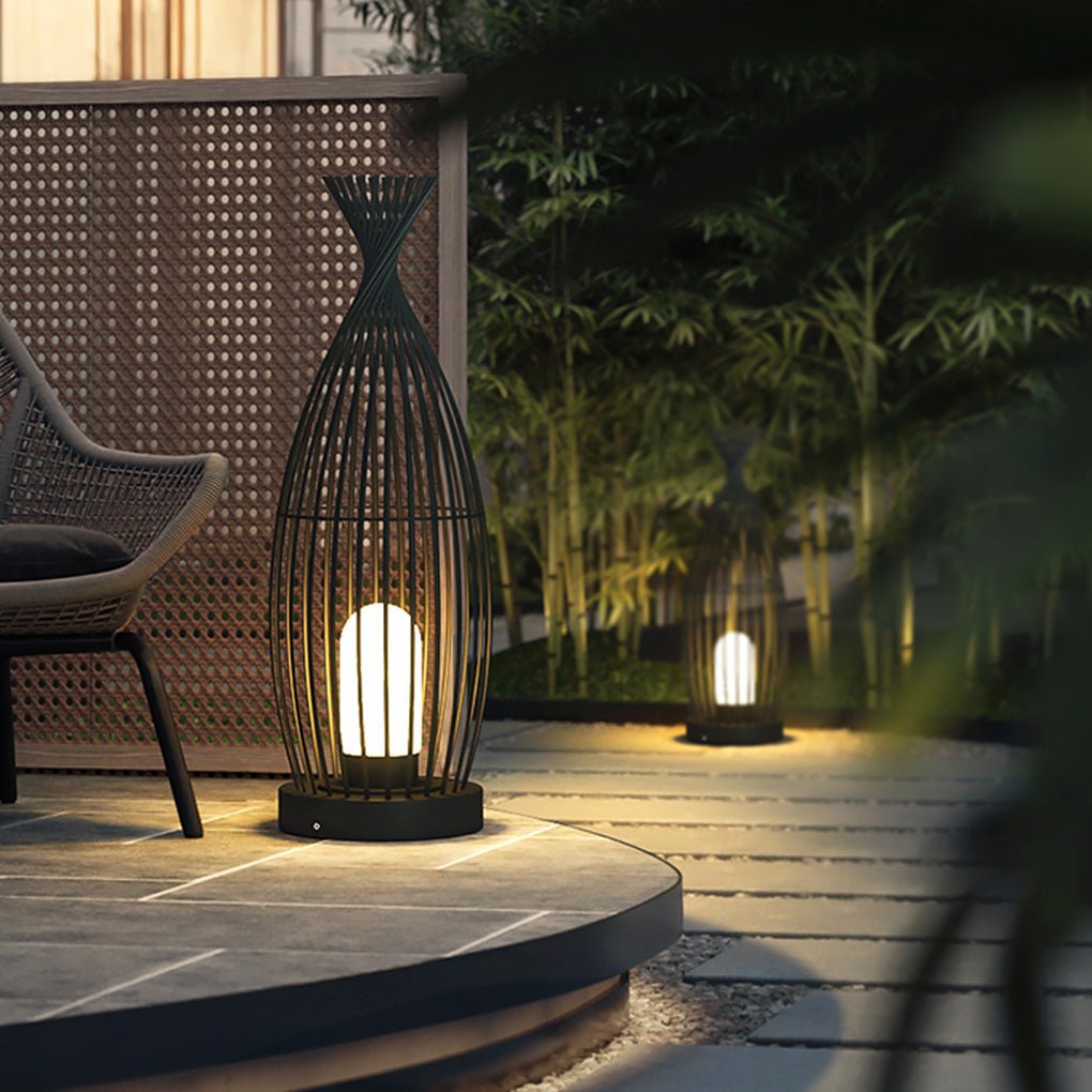 Industrial Caged Outdoor LED Floor Lamp - Waterproof Black Metal