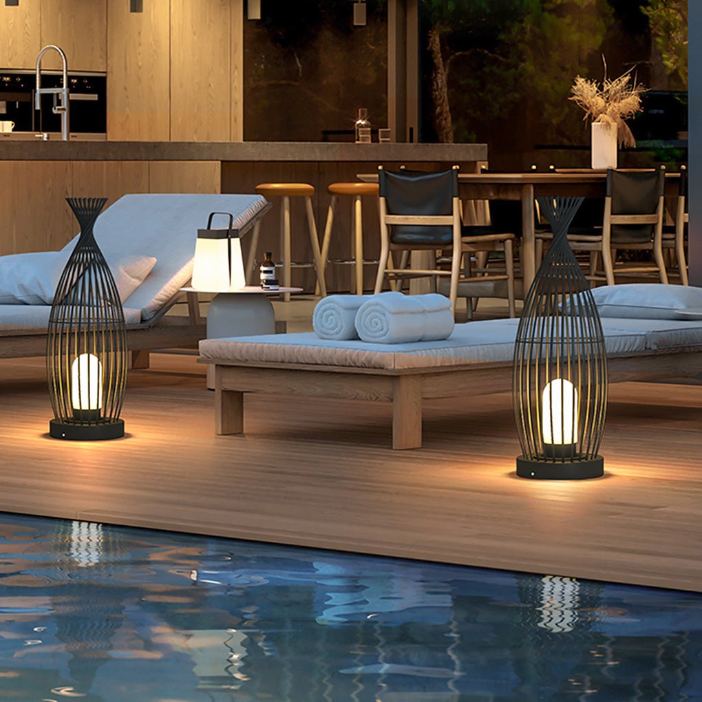 Industrial Caged Outdoor LED Floor Lamp - Waterproof Black Metal