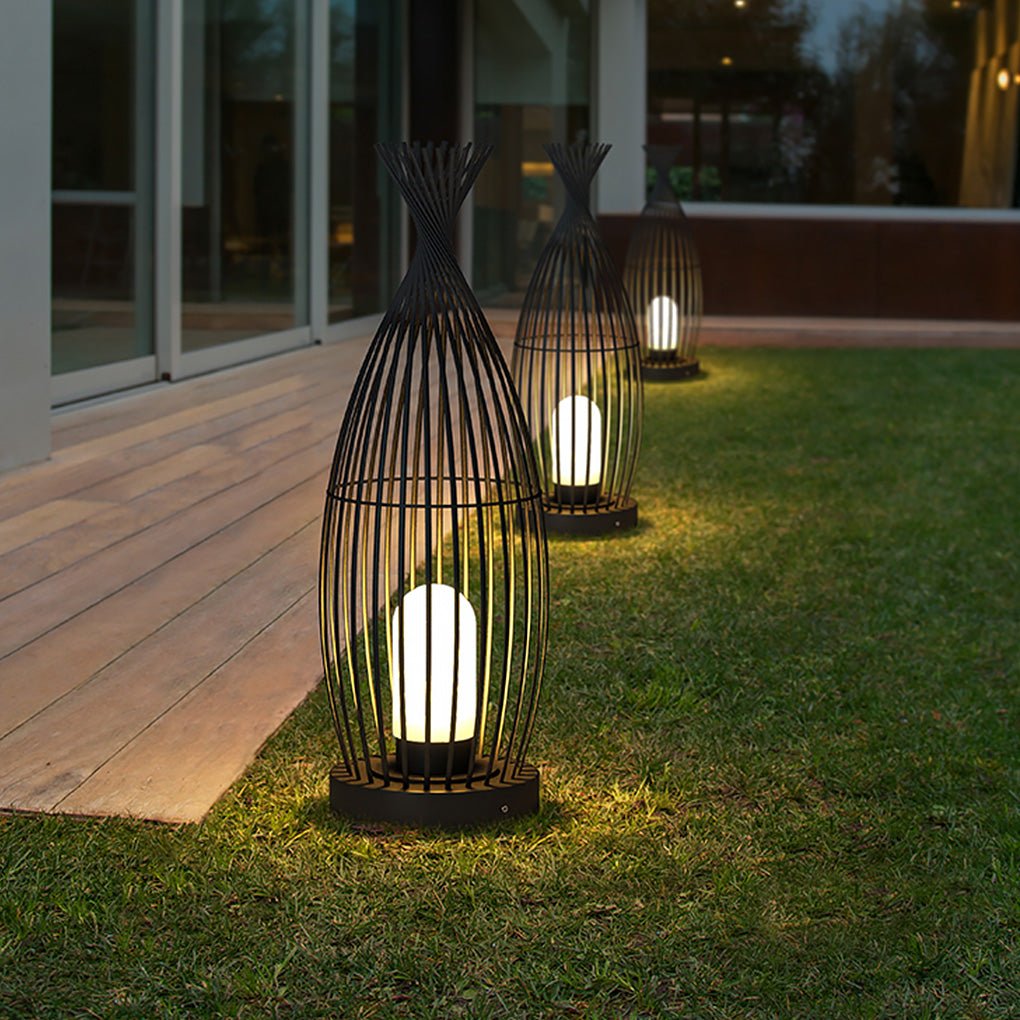 Industrial Caged Outdoor LED Floor Lamp - Waterproof Black Metal