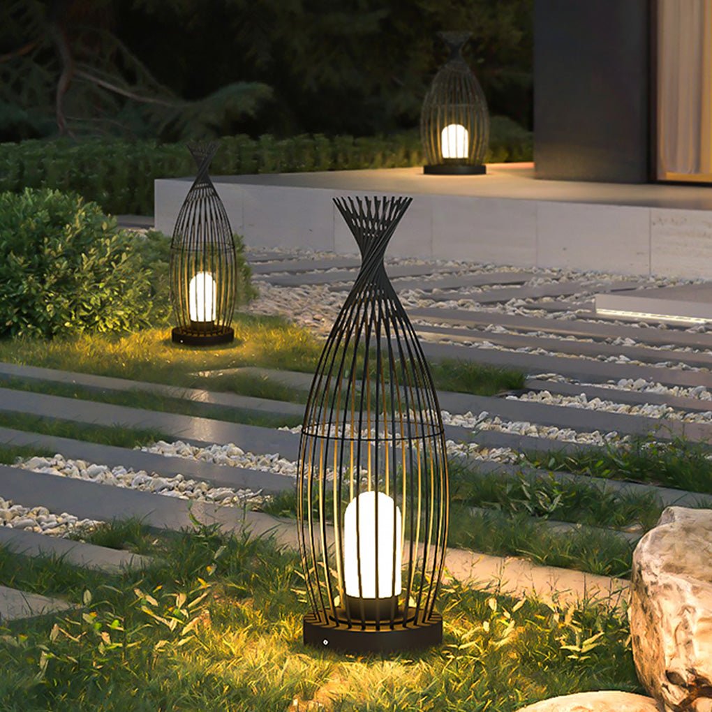 Industrial Caged Outdoor LED Floor Lamp - Waterproof Black Metal