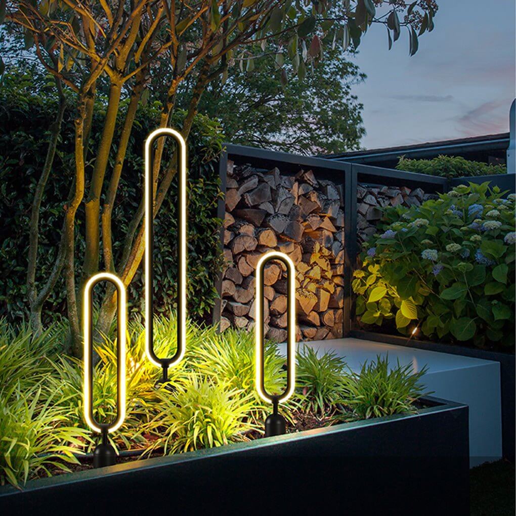 Sleek Black Oval Ring LED Solar Landscape Light Modern Outdoor