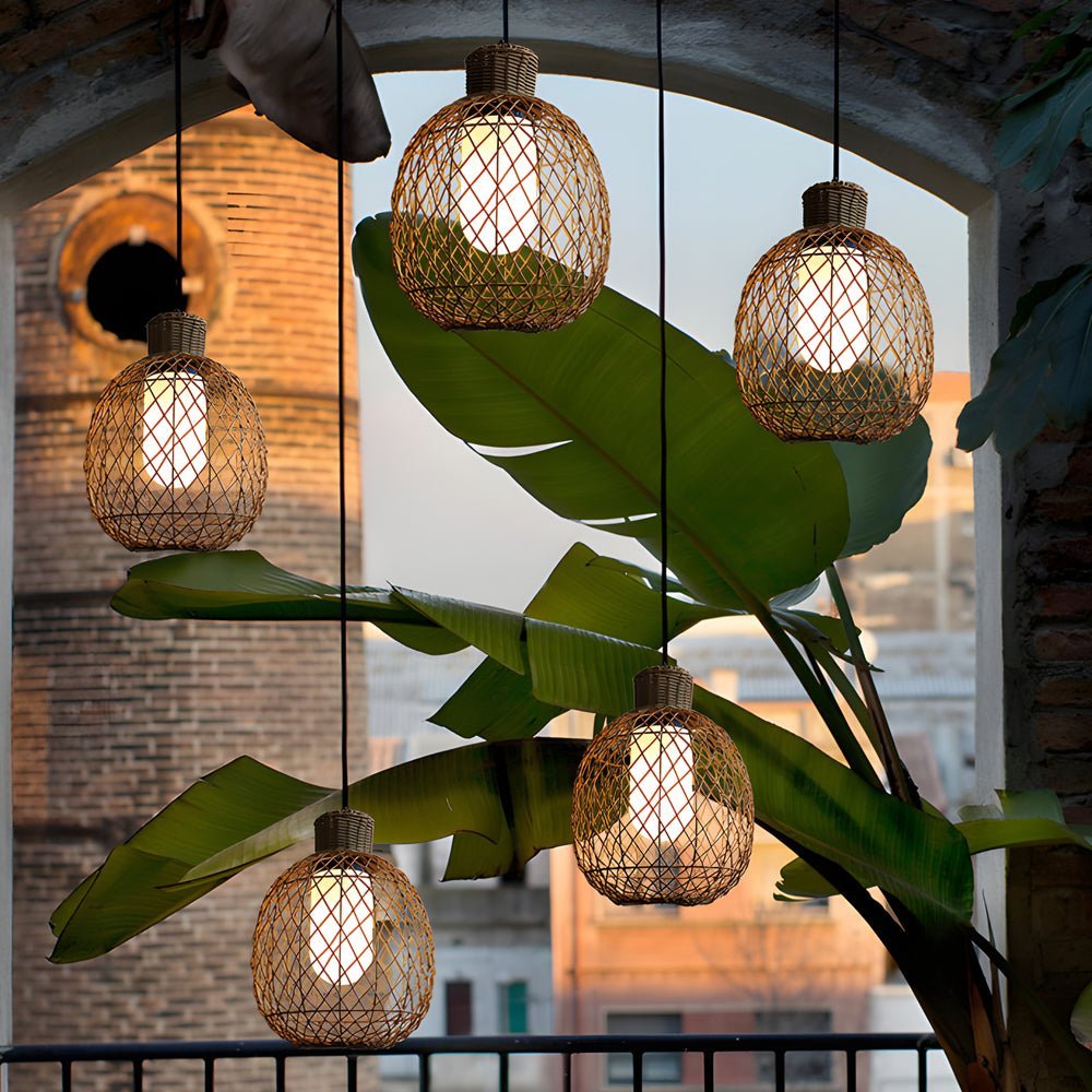 Outdoor Rattan Pendant Light Rustic Modern Hanging Lantern 10W LED