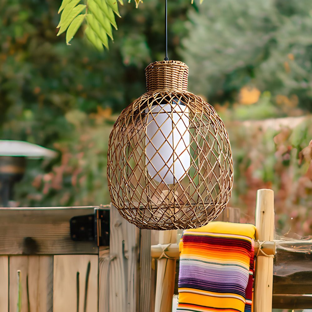 Outdoor Rattan Pendant Light Rustic Modern Hanging Lantern 10W LED