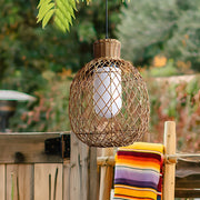 Outdoor Rattan Pendant Light Rustic Modern Hanging Lantern 10W LED