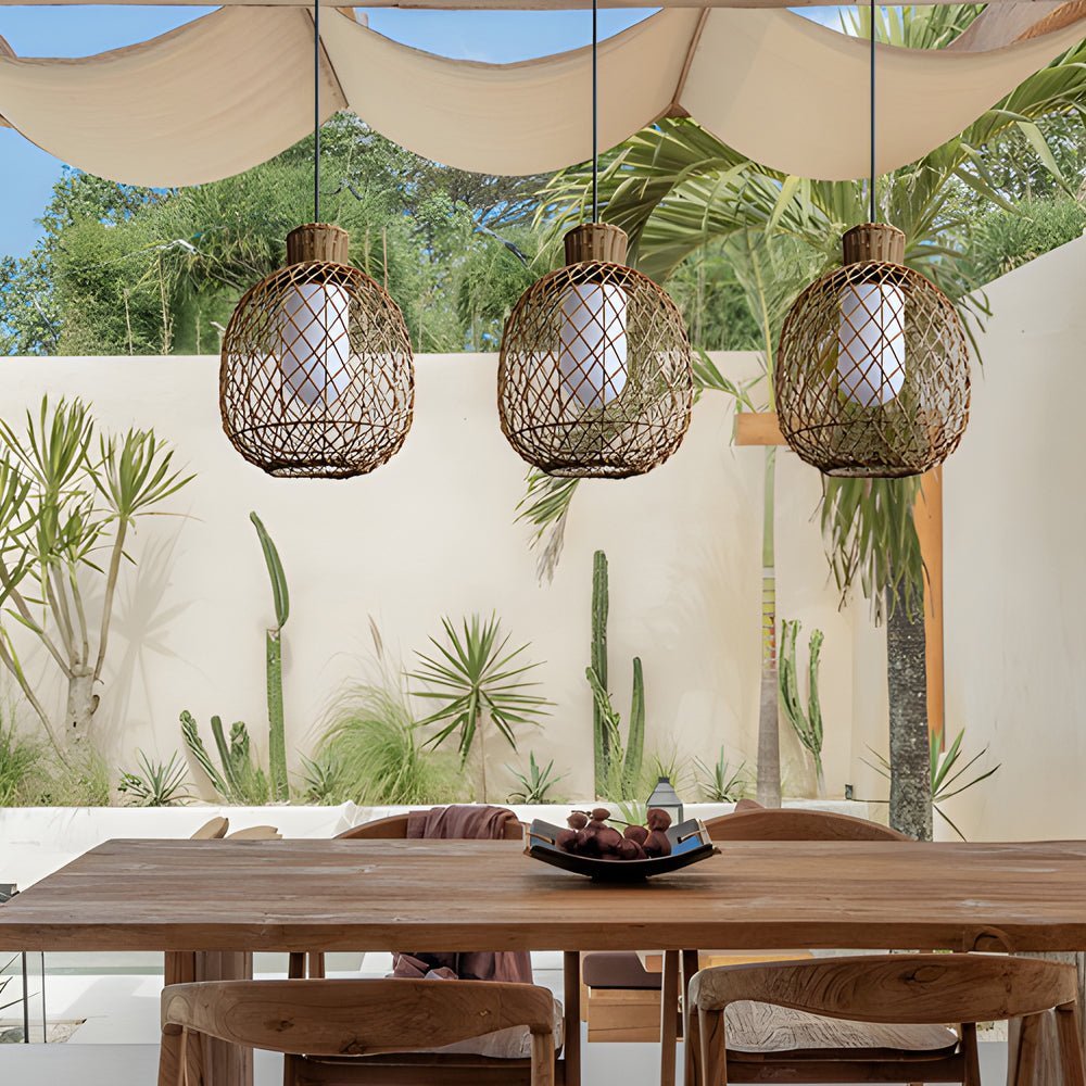 Outdoor Rattan Pendant Light Rustic Modern Hanging Lantern 10W LED